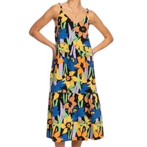 Roxy Women's Waiting Line Colorful Floral Print Tiered Midi Dress Size XL Resort